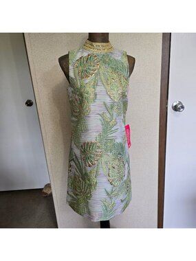 Alex Marie Sleeveless Sheath Dress Size 4 Green Gold Metallic Tropical